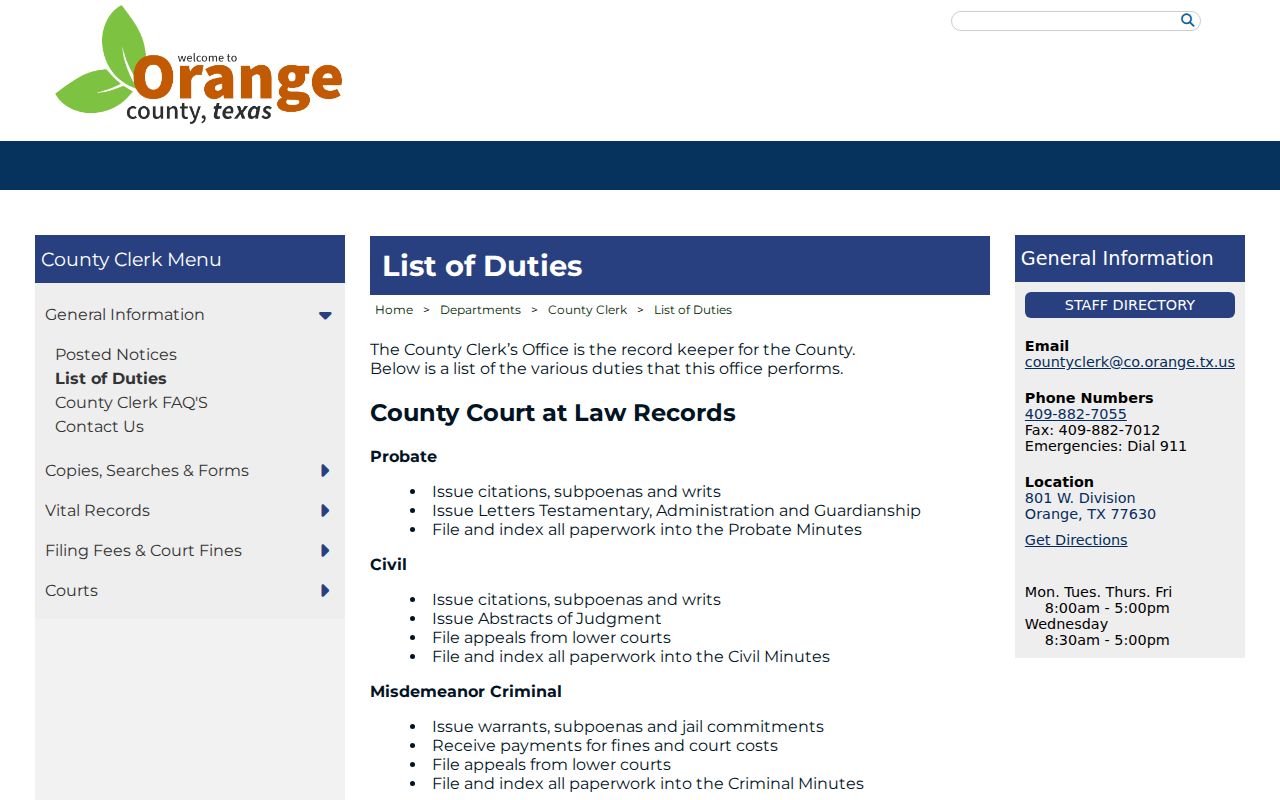 Orange County misdemeanor warrant records and County Clerk duties
