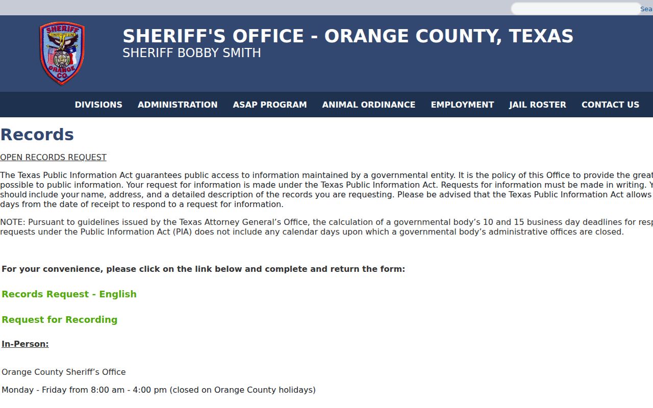 Orange County warrant records request route through Sheriff Records