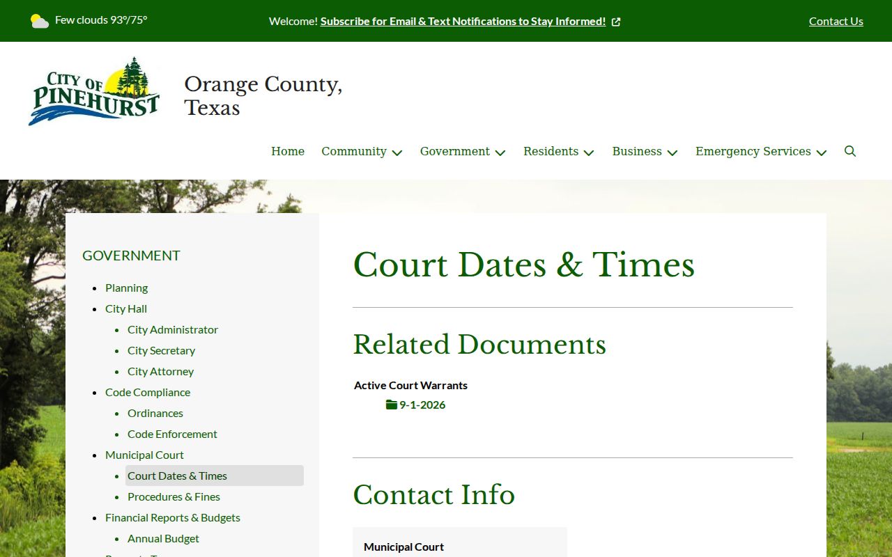 Pinehurst warrant records page with Wednesday municipal court timing