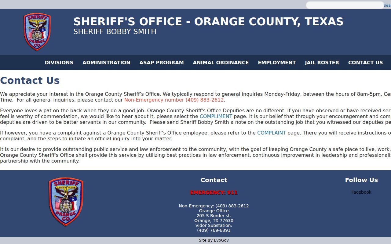 Orange County Sheriff’s Office contact page identifies Orange office and Vidor substation