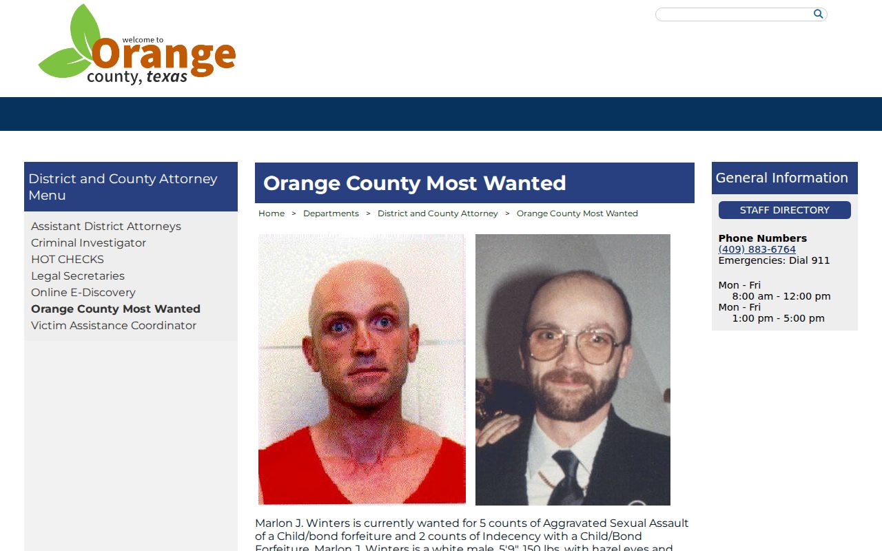 Orange County Most Wanted program header and tip information, no roster